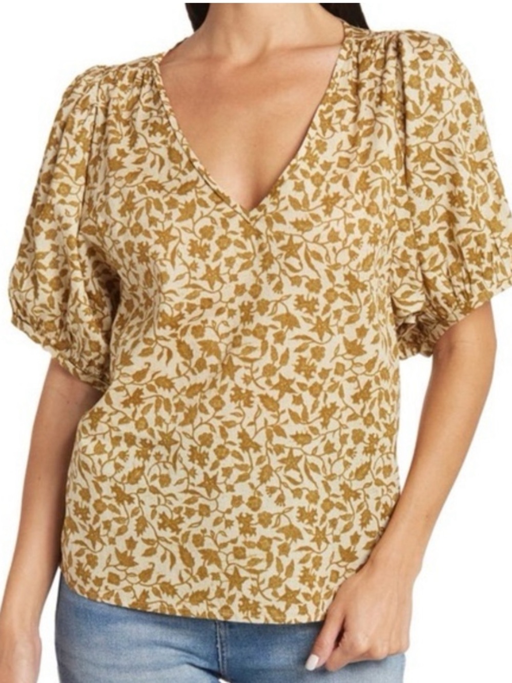 Madewell yellow Floral V-Neck Puff Sleeve Top